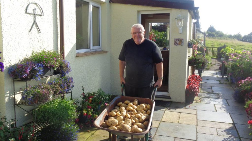 Man pushing wheelbarrow full of potatoes